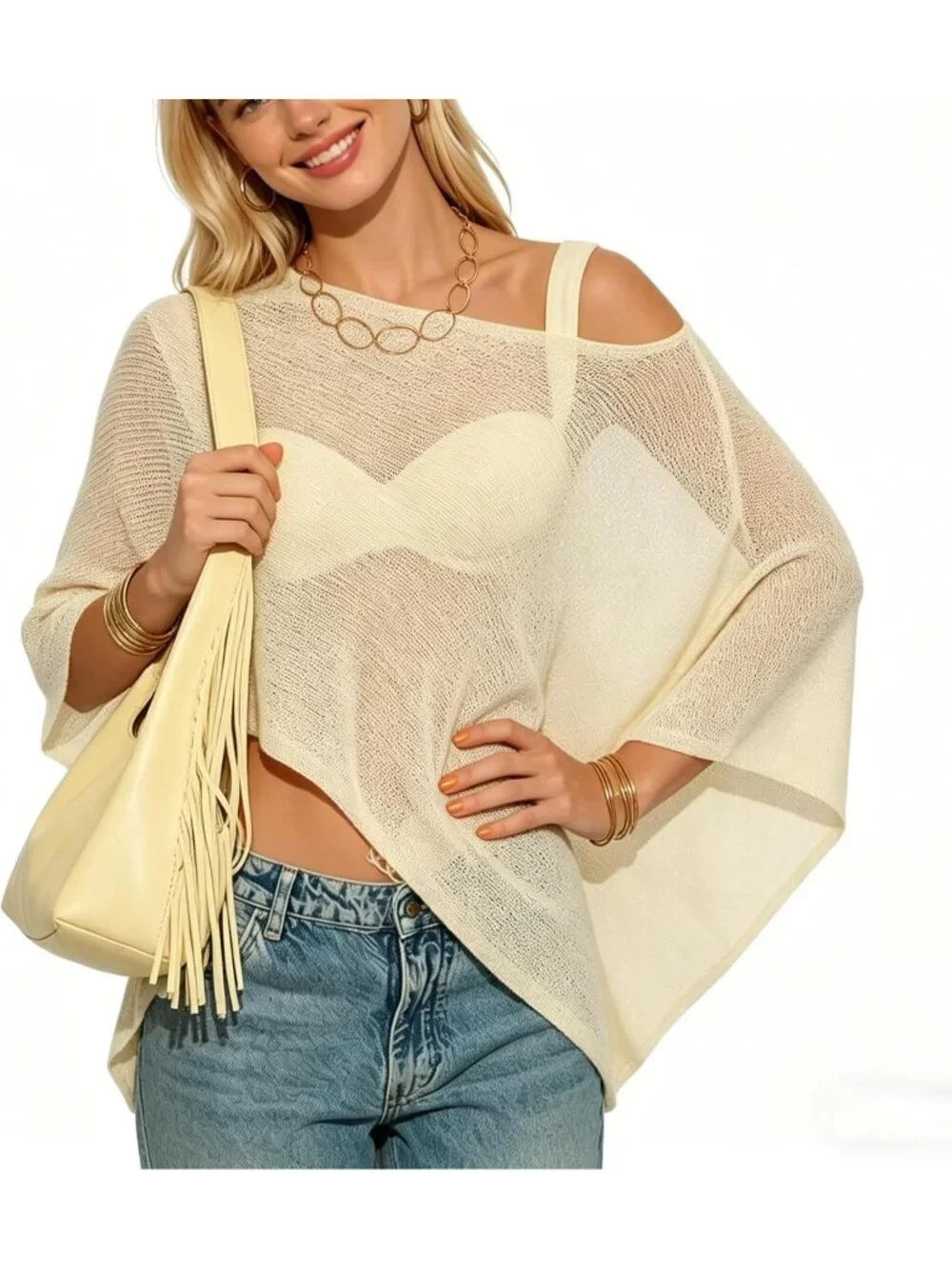 Women's Sheer Yellow Lightweight Knit Crochet Shrug Bolero Mesh Batwing Cover Up